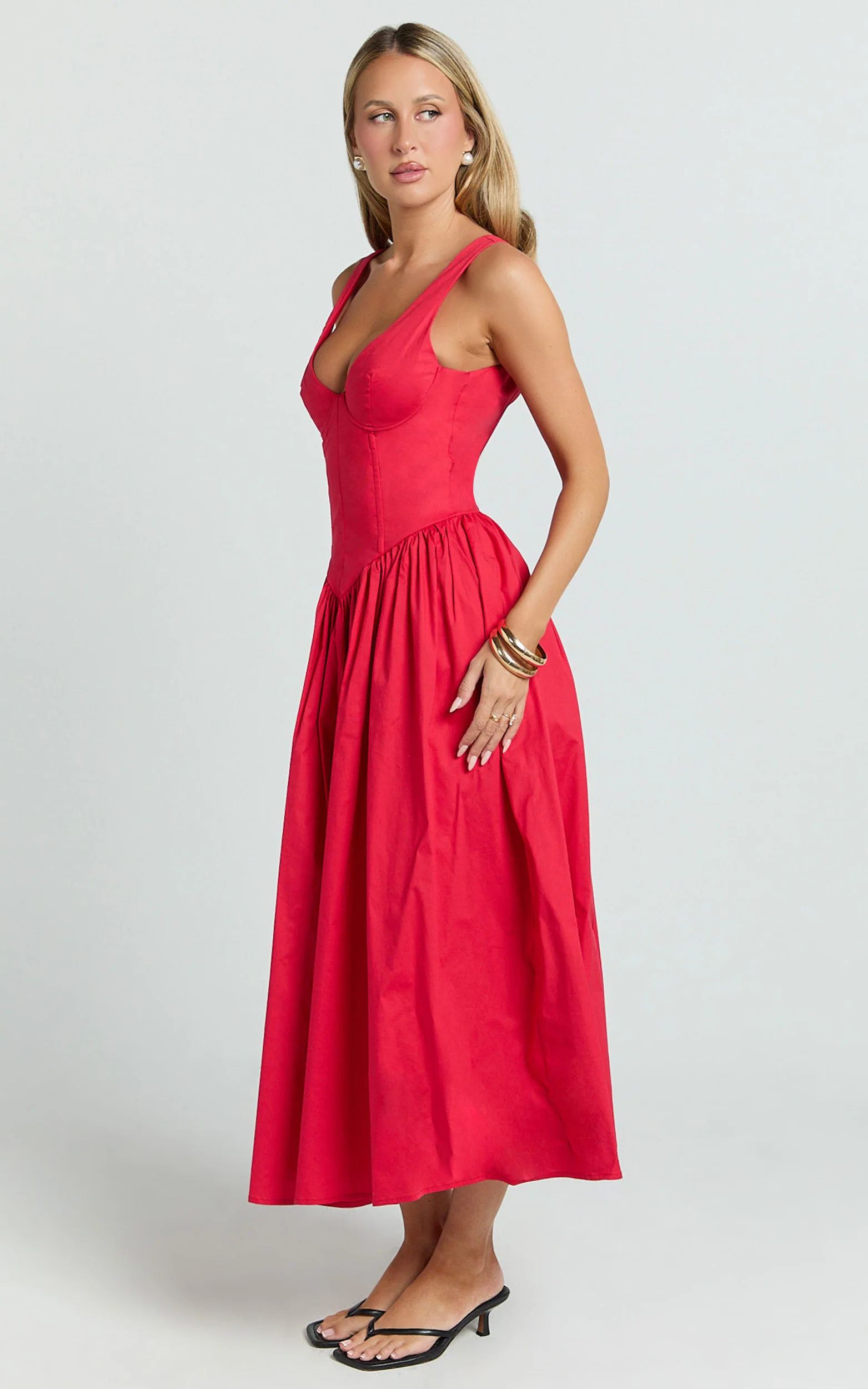 Beckett Midi Dress - Scoop Neck Drop V Waist Gathered Skirt Dress in Red