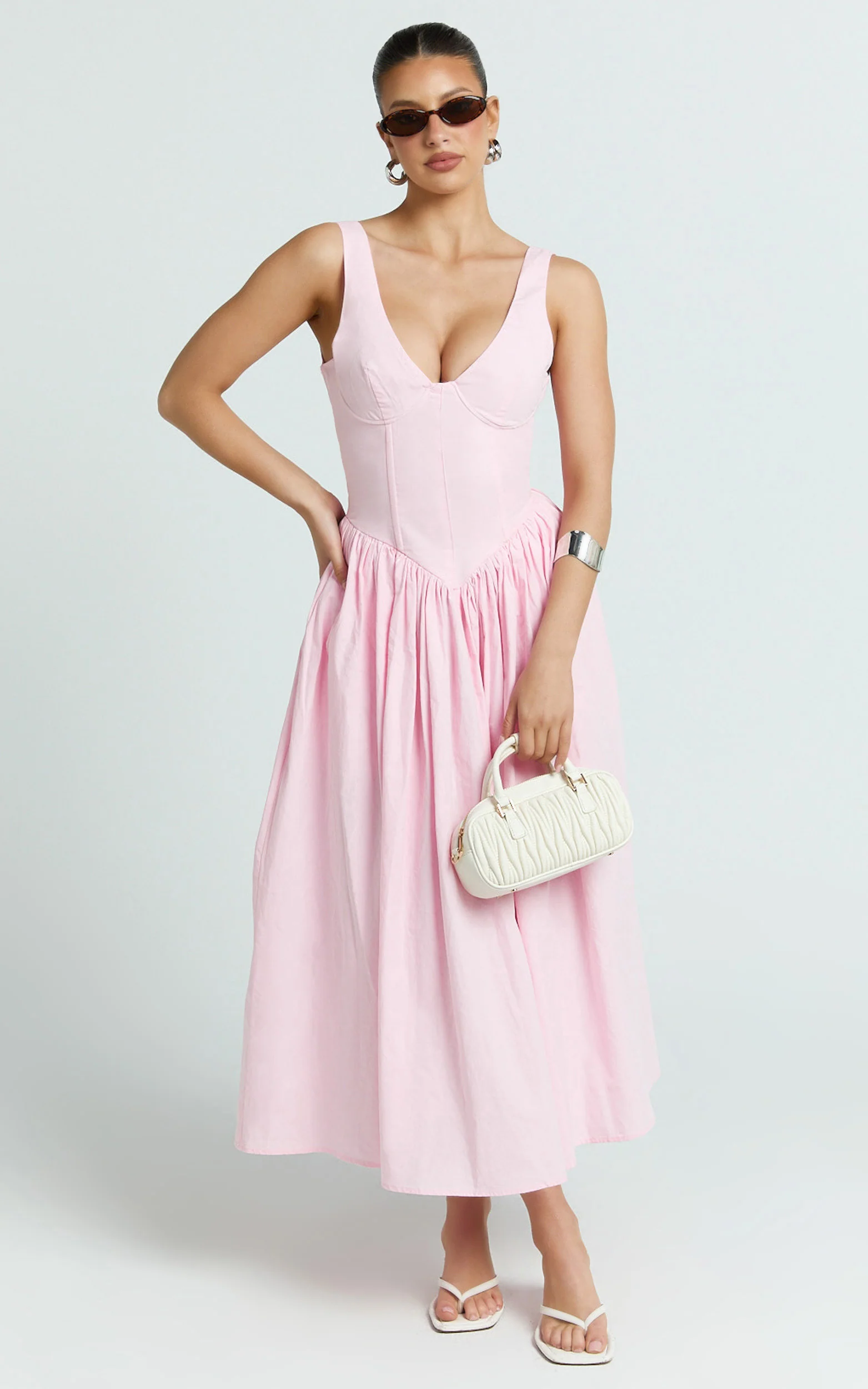 Beckett Midi Dress - Scoop Neck Drop V Waist Gathered Skirt Dress in Pink