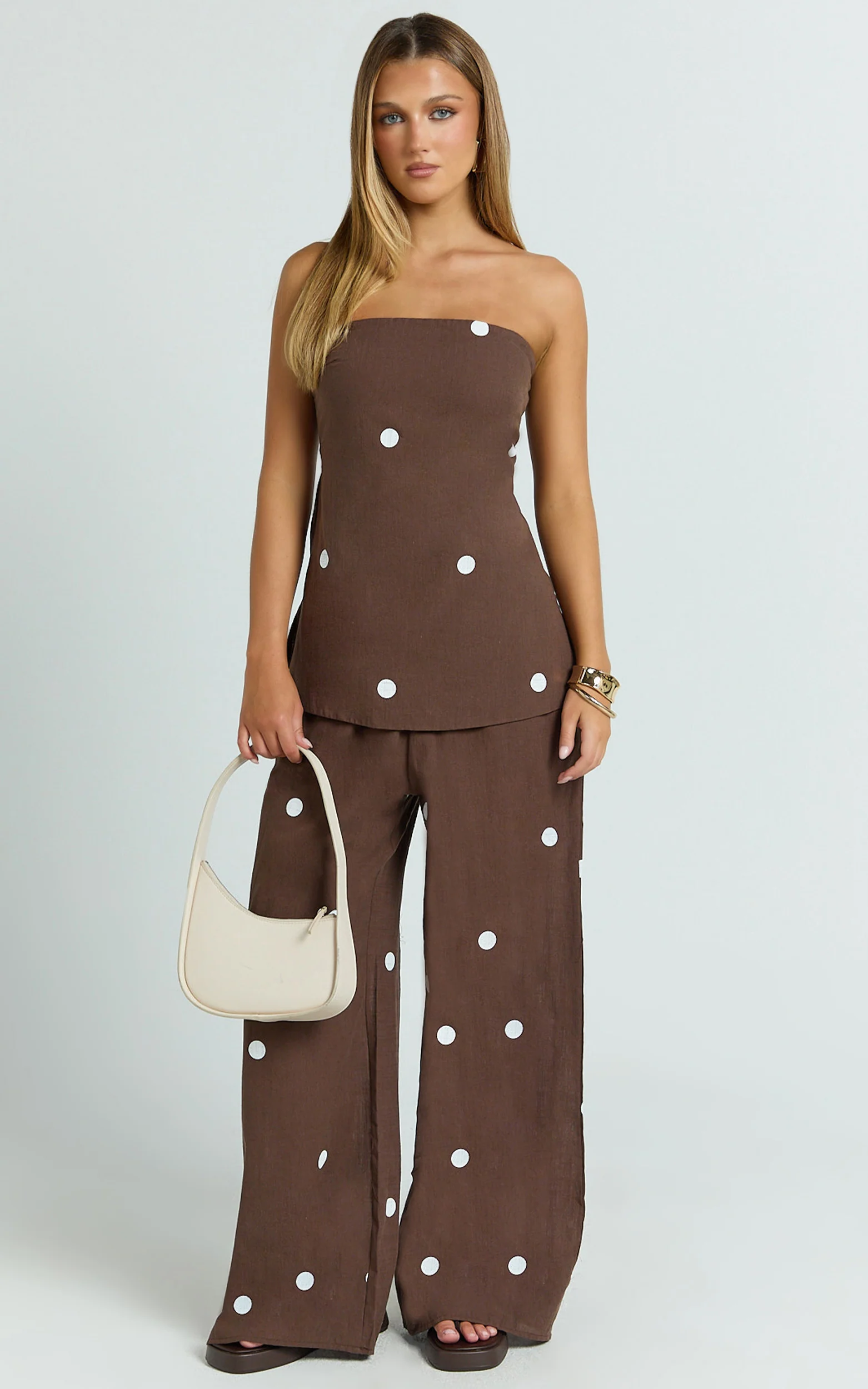 Skye Two Piece Set - Strapless Longline Top and Pant Set in Chocolate Polka Dot