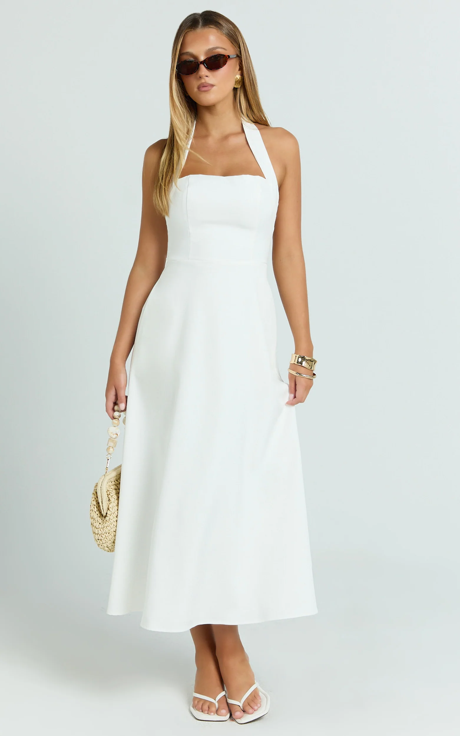 Karissa Midi Dress - Halter Neck Fitted Bodice Midi Soft A Line Skirt Dress in White