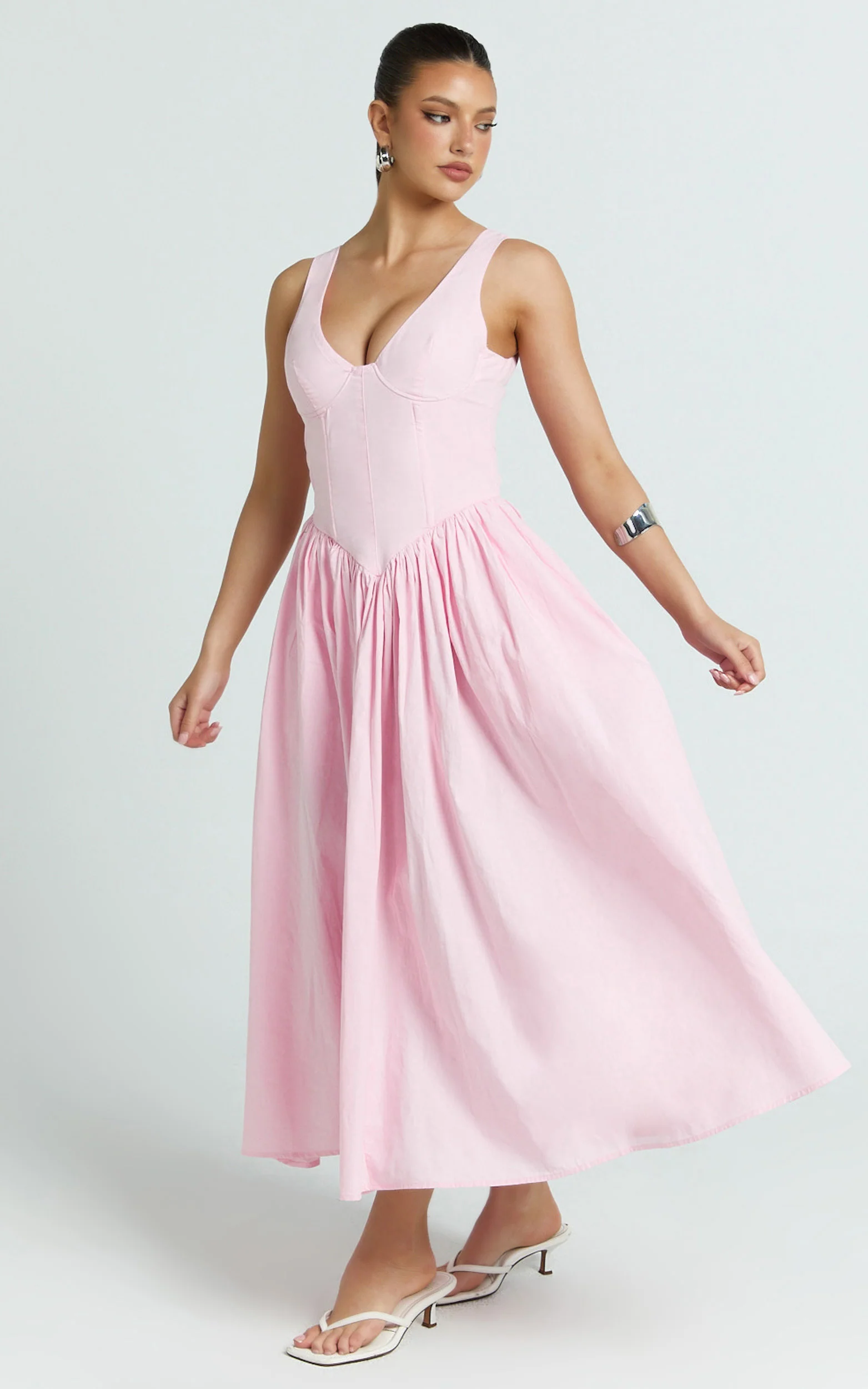Beckett Midi Dress - Scoop Neck Drop V Waist Gathered Skirt Dress in Pink