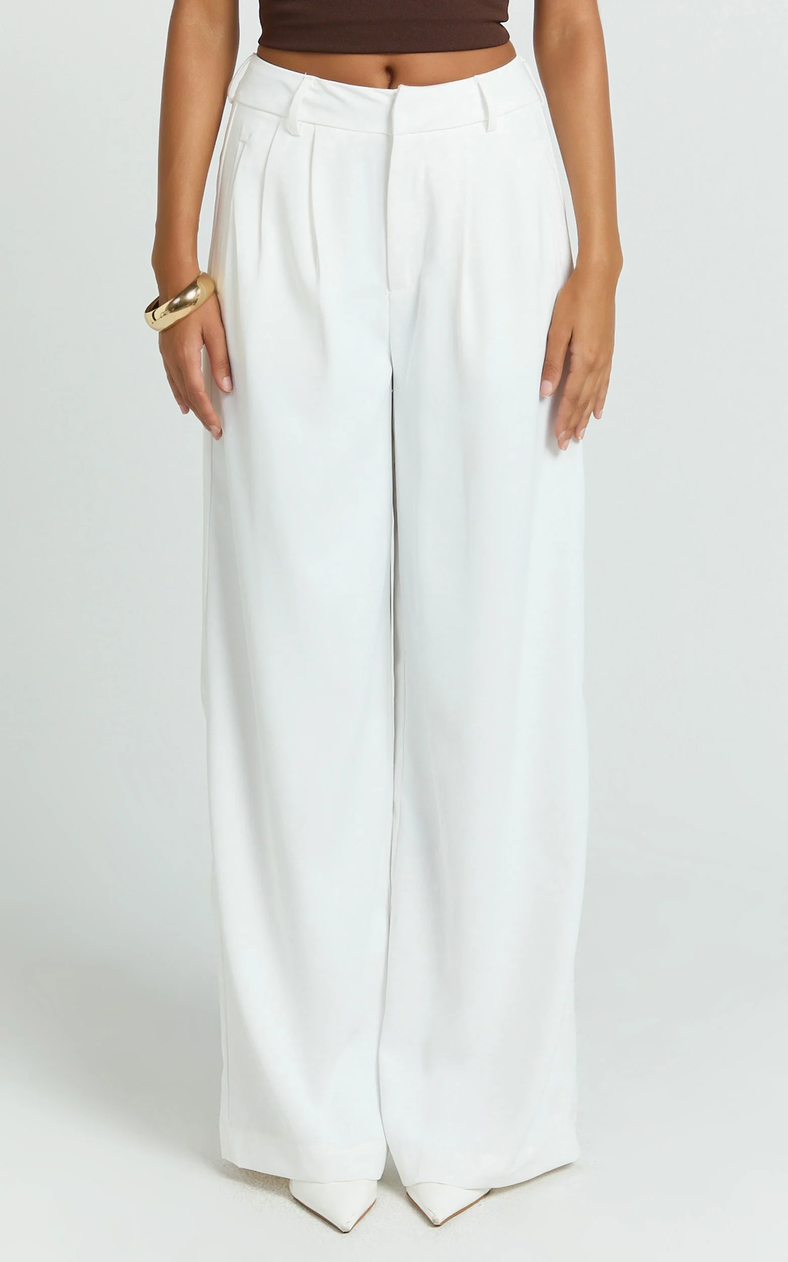 Xandria Pants - Low Rise Double Pleated Wide Leg Pants in White