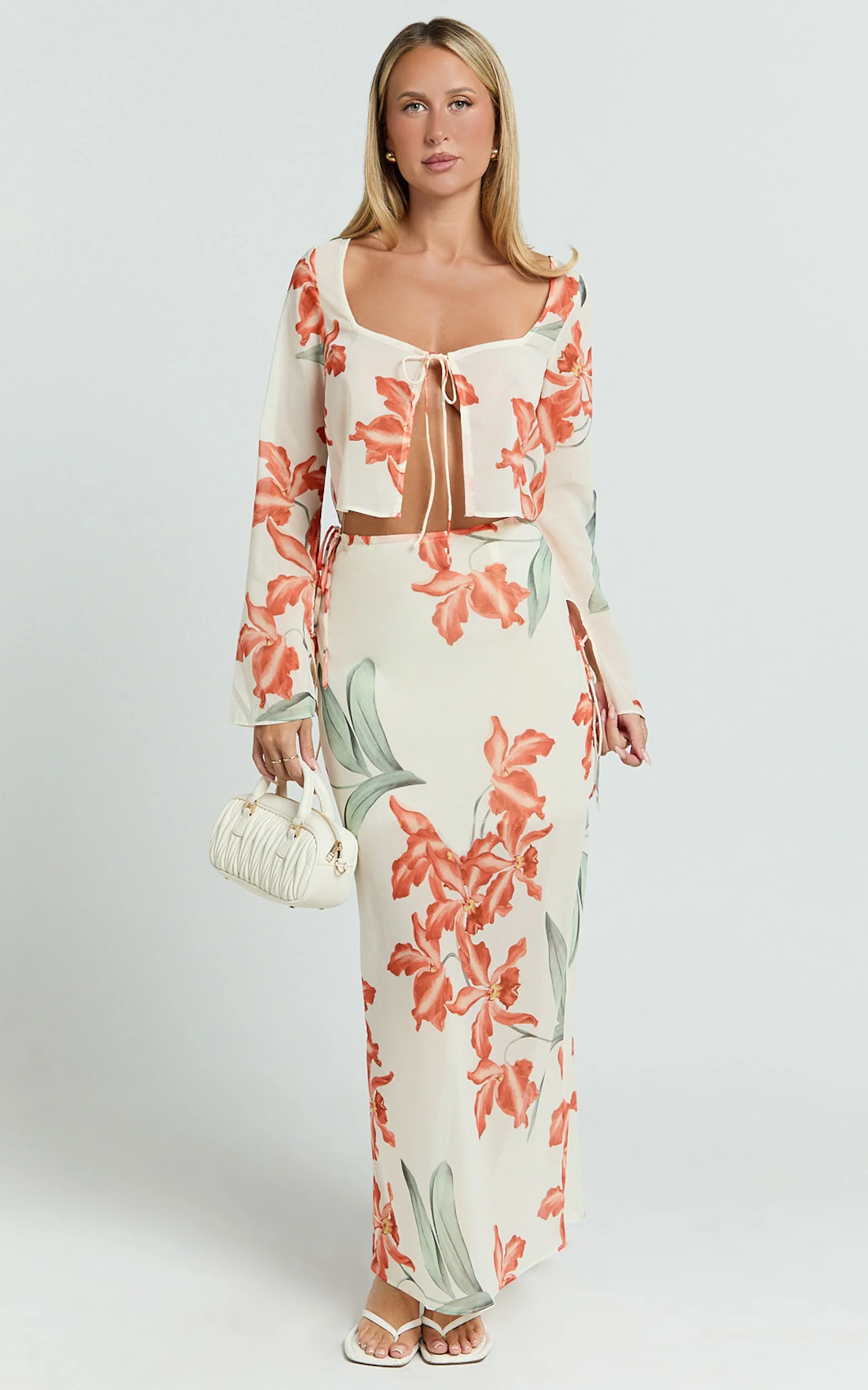 Sybil Two Piece Top and Skirt Set - Abstract Floral Tie Top and Maxi Skirt Set in Vintage Orchid