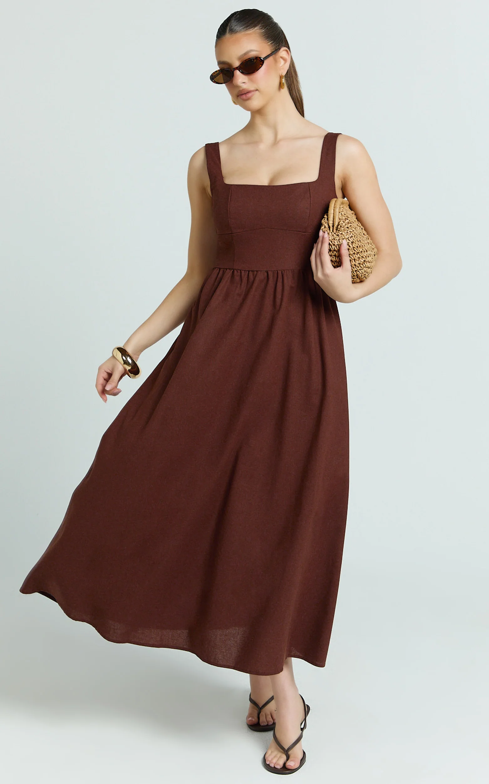 Khari Midi Dress - Linen Look Square A Line Dress in Chocolate
