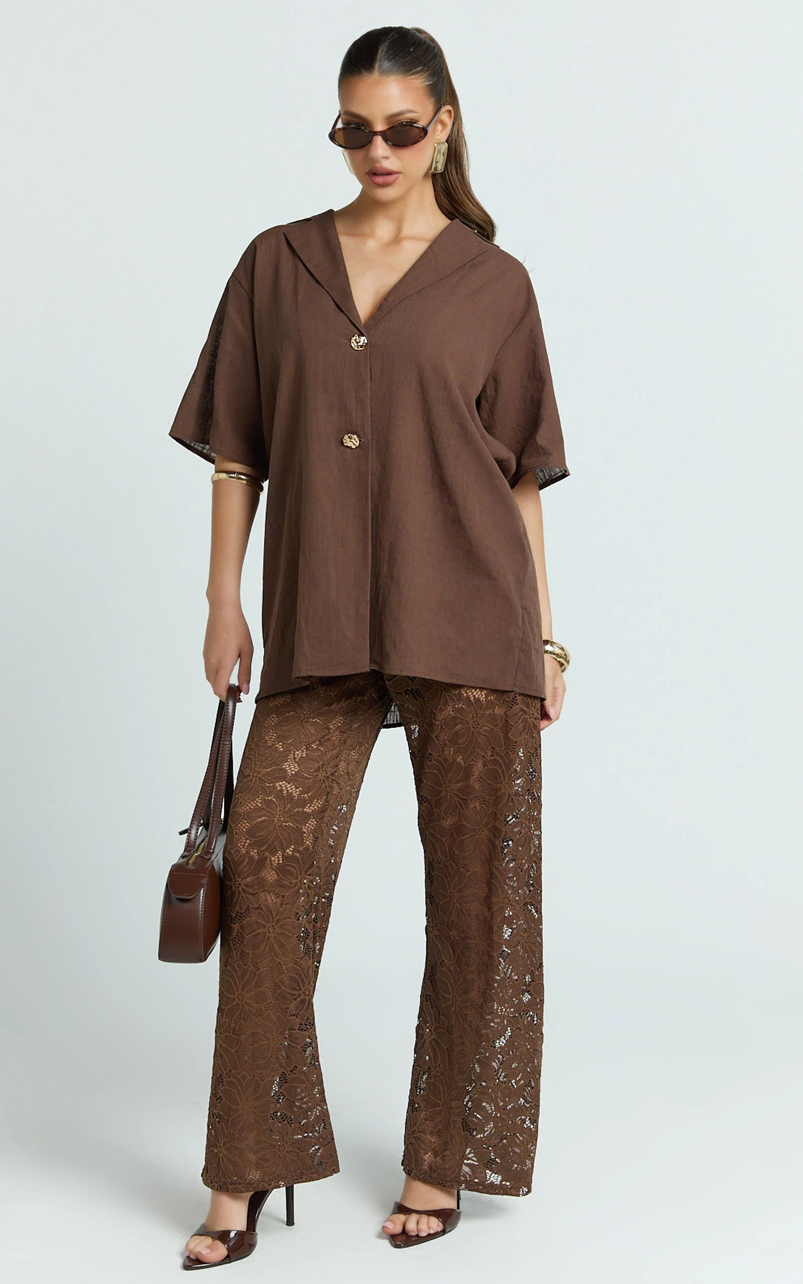 Jemma Two Piece Set - Relaxed Shirt and Lace Pants Set in Choc