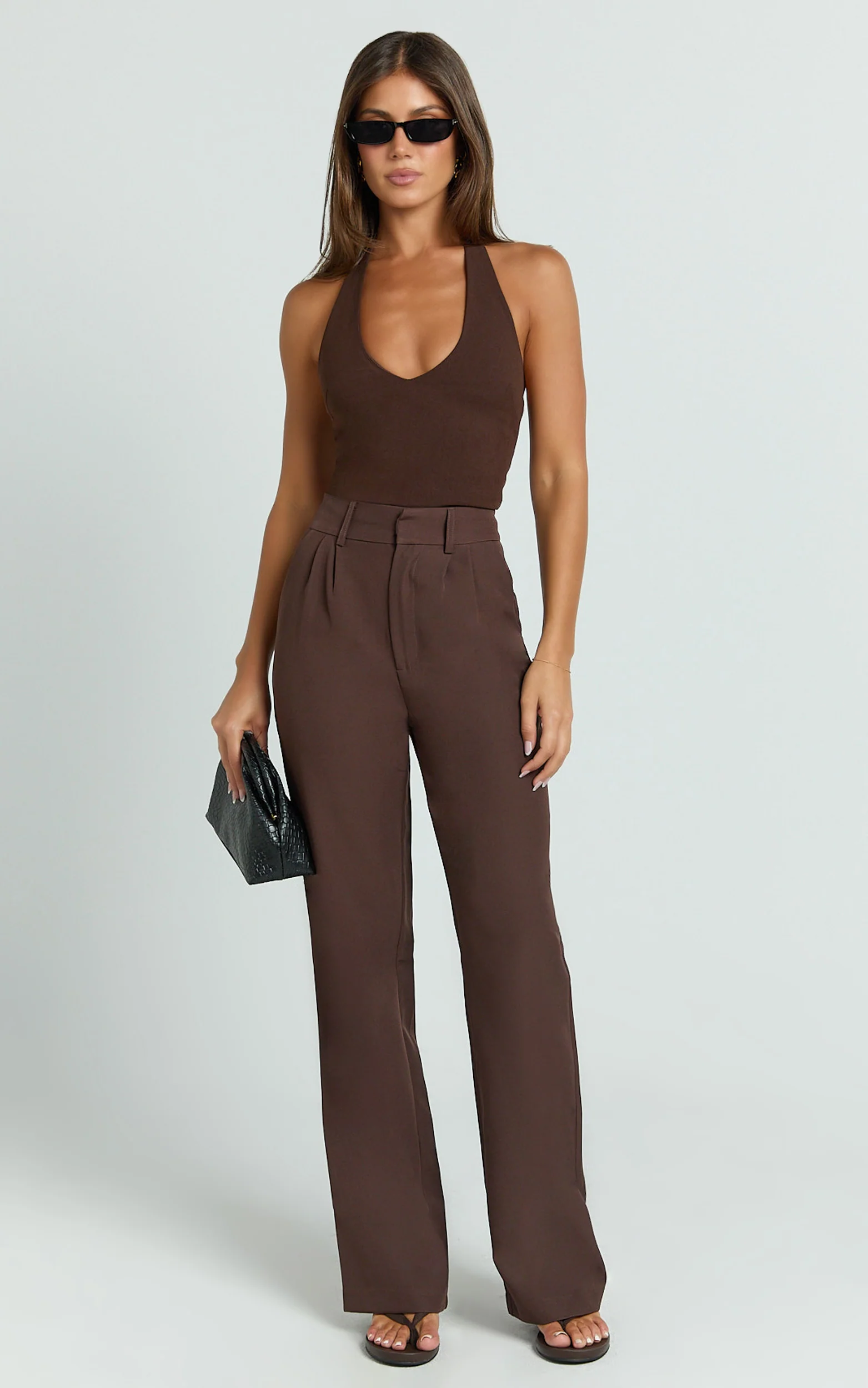 Melissa Pants - Pleat Front Wide Leg Tailored Pants in Chocolate