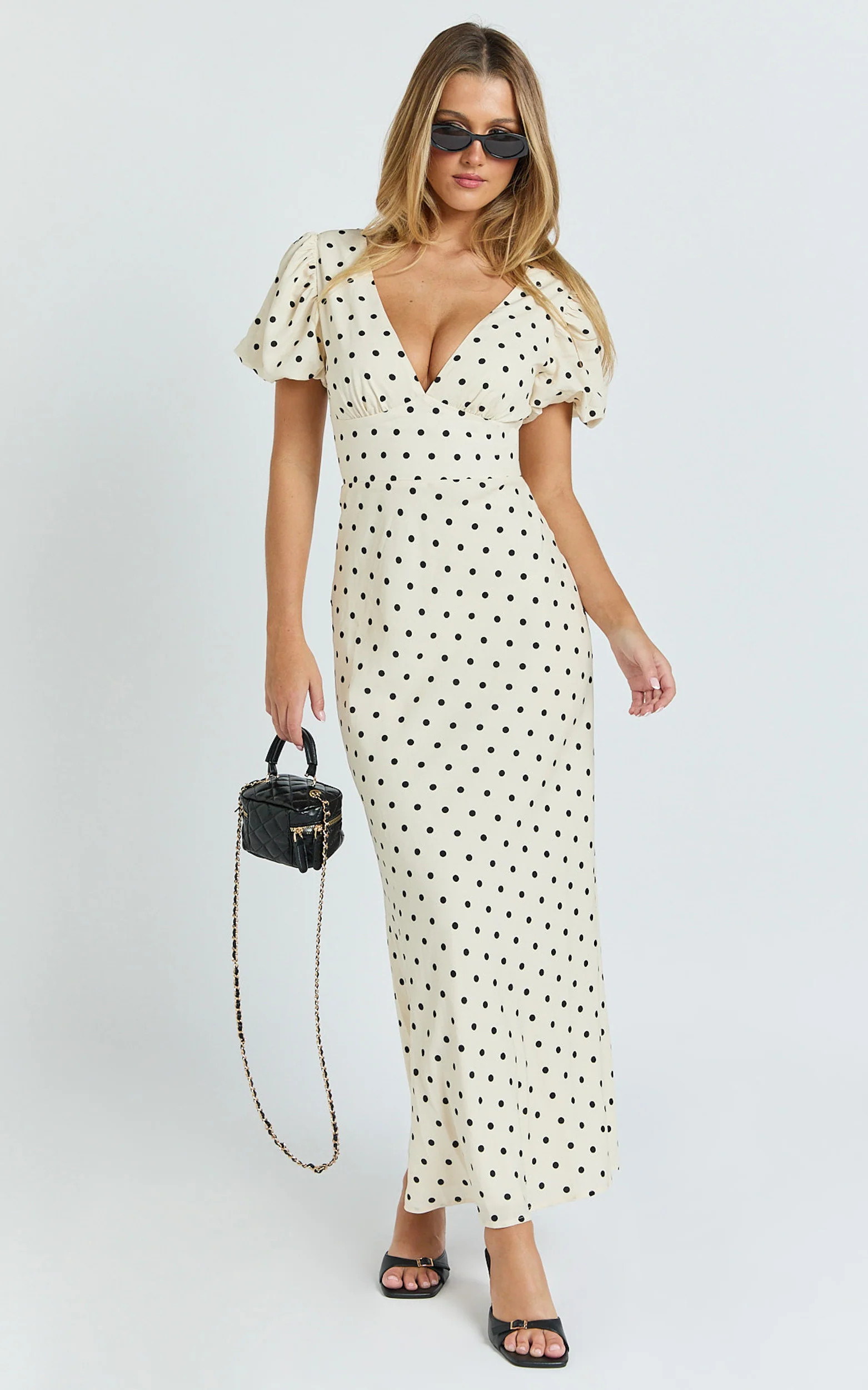 Elise Midi Dress - V Neck Puff Sleeve Dress in White Polka Dot