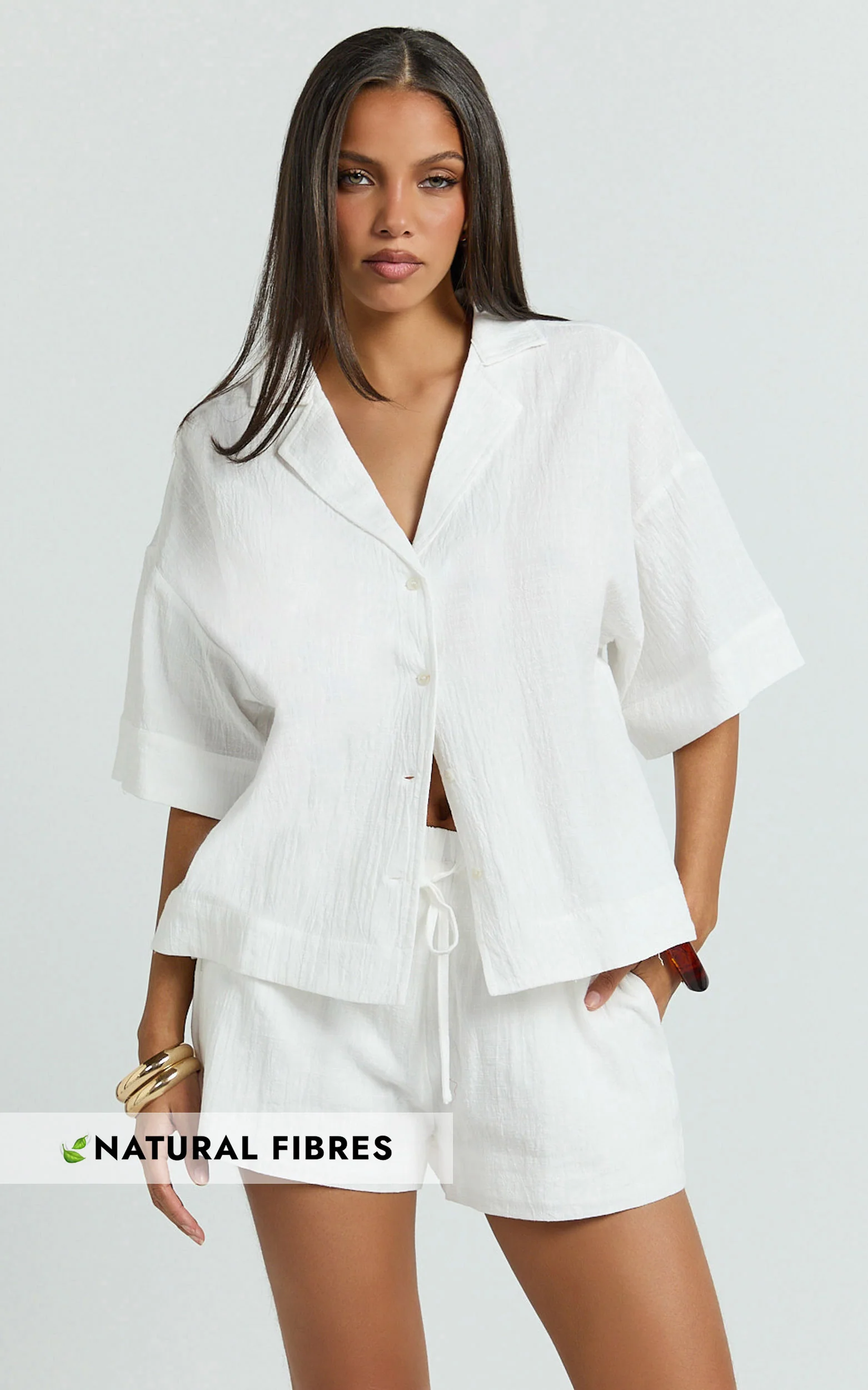 Saina Two Piece Set - Button Through Shirt and Drawstring Shorts Set in White