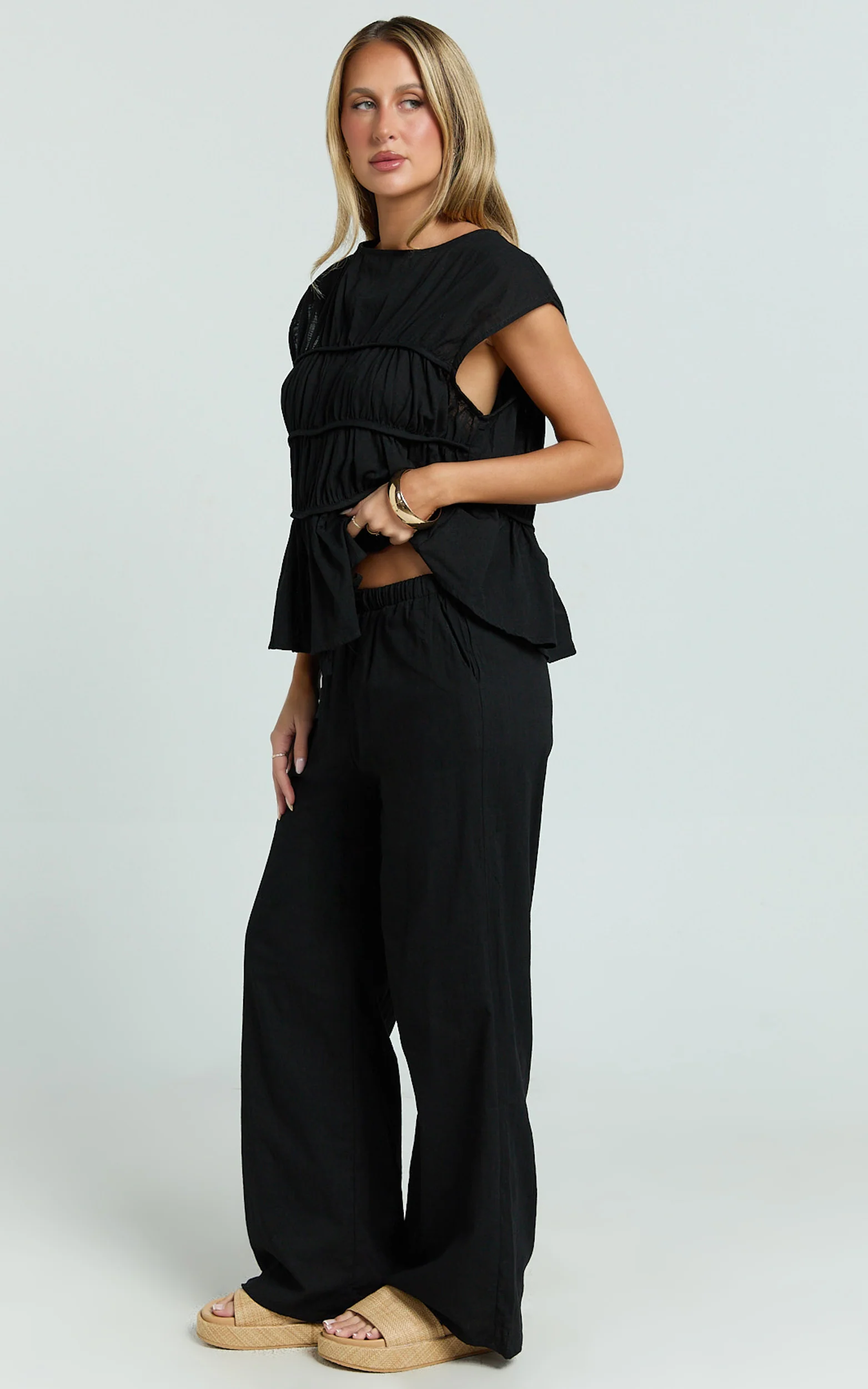 Auric Two Piece Set - Ruched Detail Top and Wide Leg Pants Set in Black