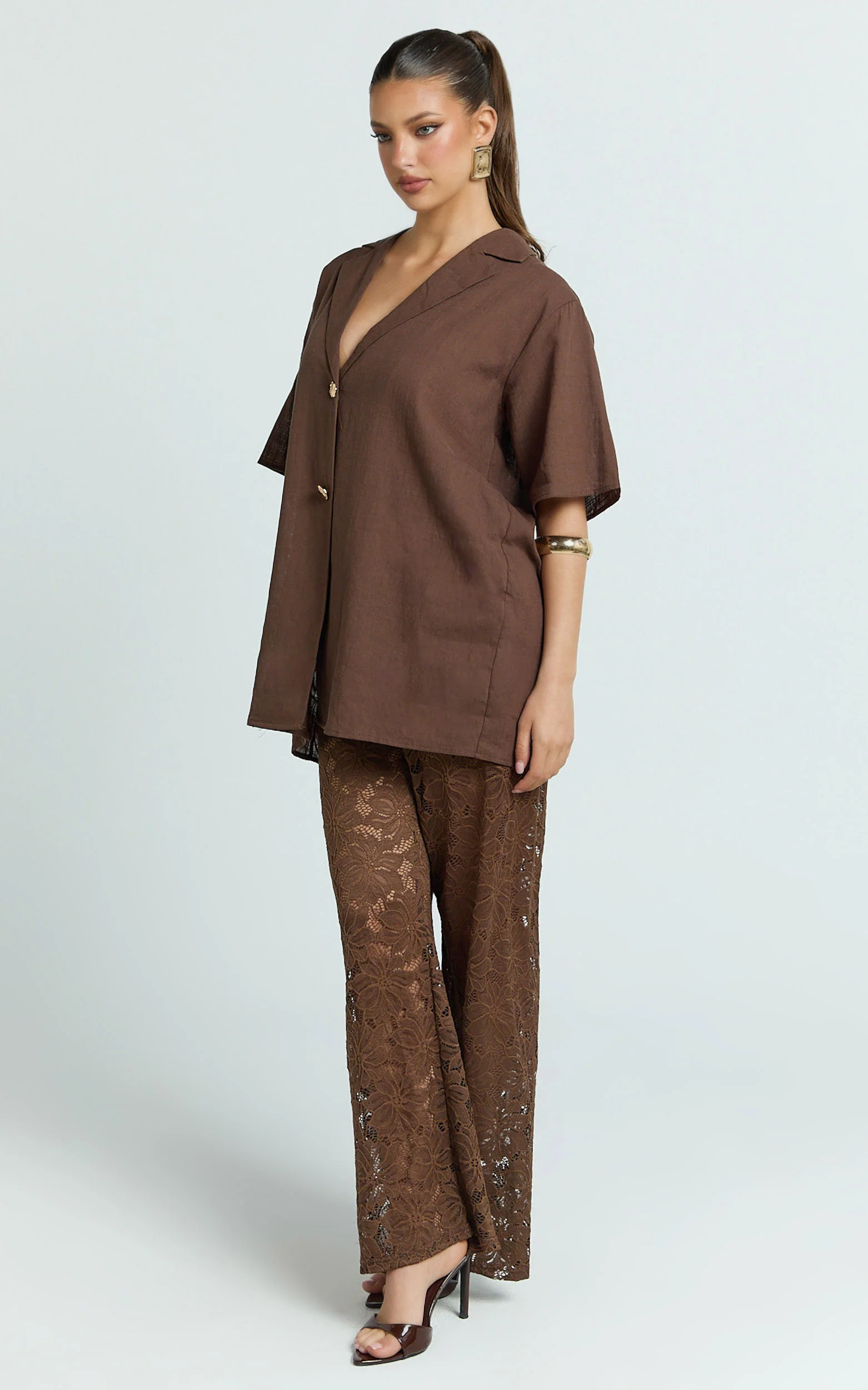 Jemma Two Piece Set - Relaxed Shirt and Lace Pants Set in Choc