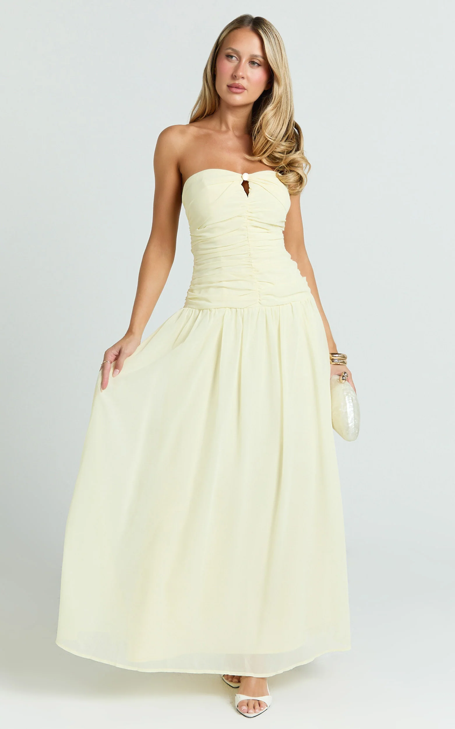 Mercy Midi Dress - Ruched Strapless Dress in Butter