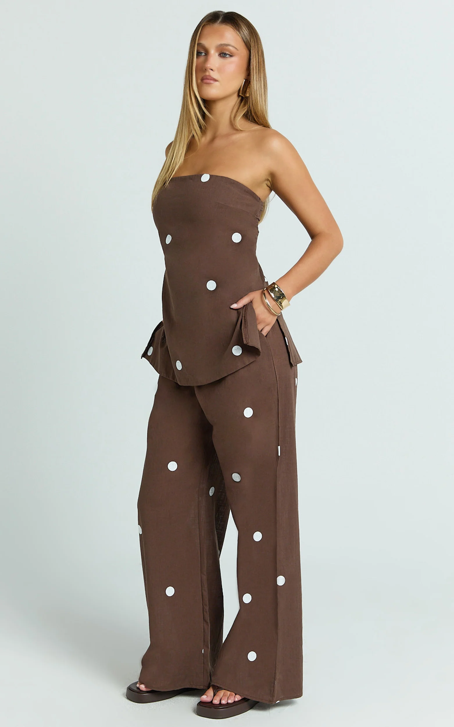 Skye Two Piece Set - Strapless Longline Top and Pant Set in Chocolate Polka Dot