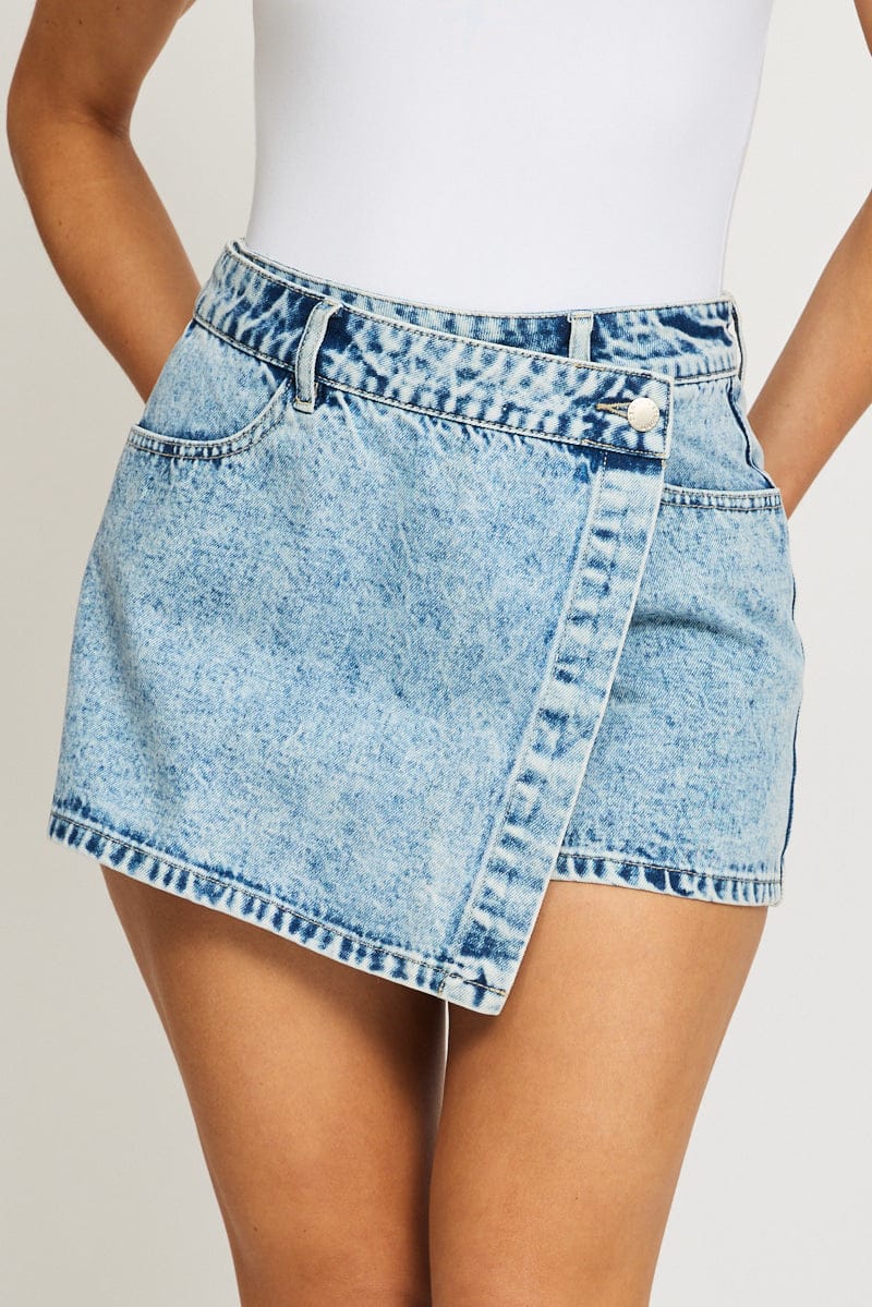 Denim Wrap Mini Skort High Rise Relaxed Fit