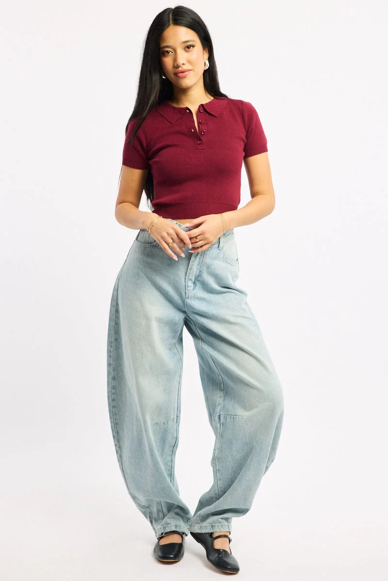 Red Knit Top Short Sleeve Polo Collar