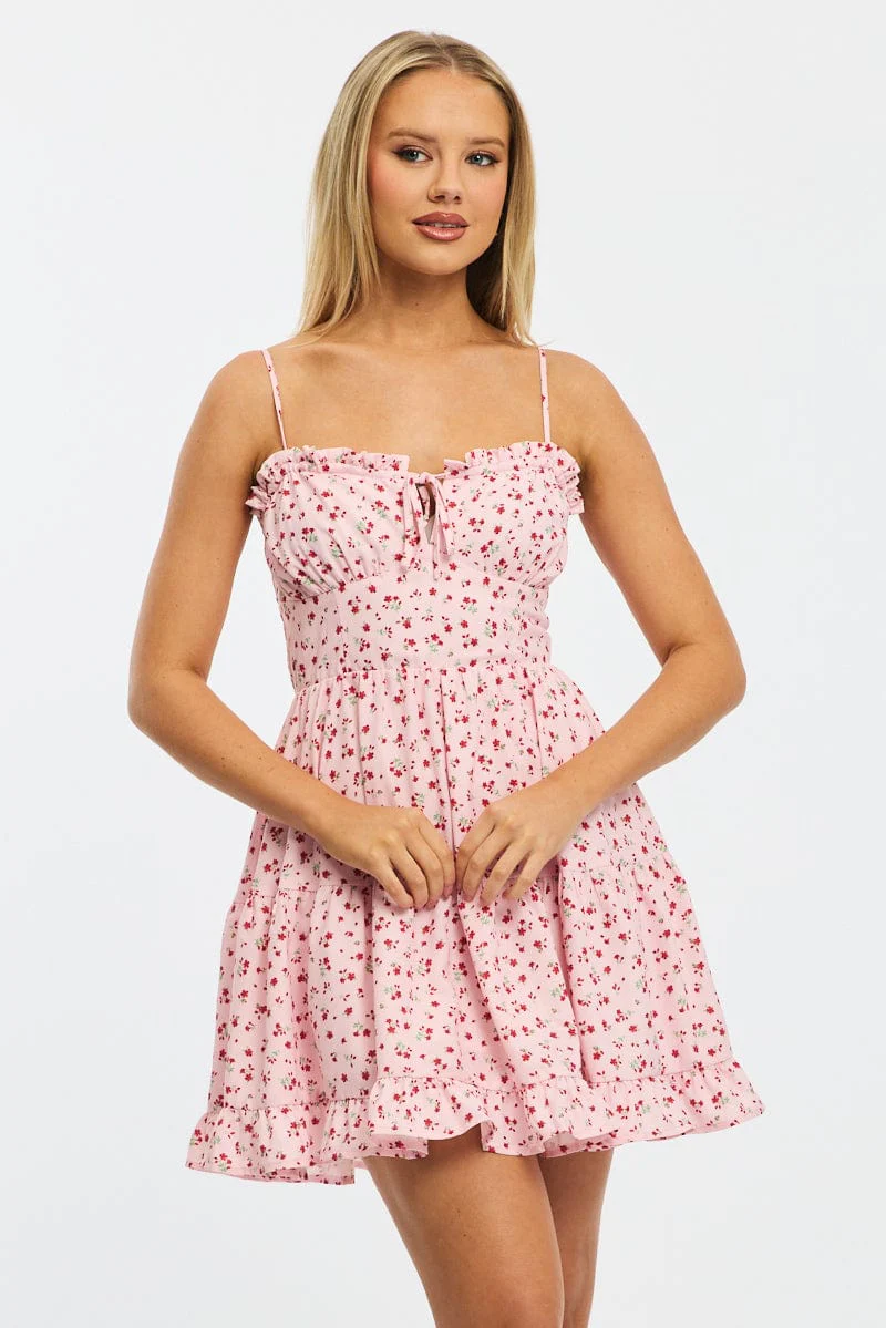 Pink Ditsy Fit And Flare Dress Mini