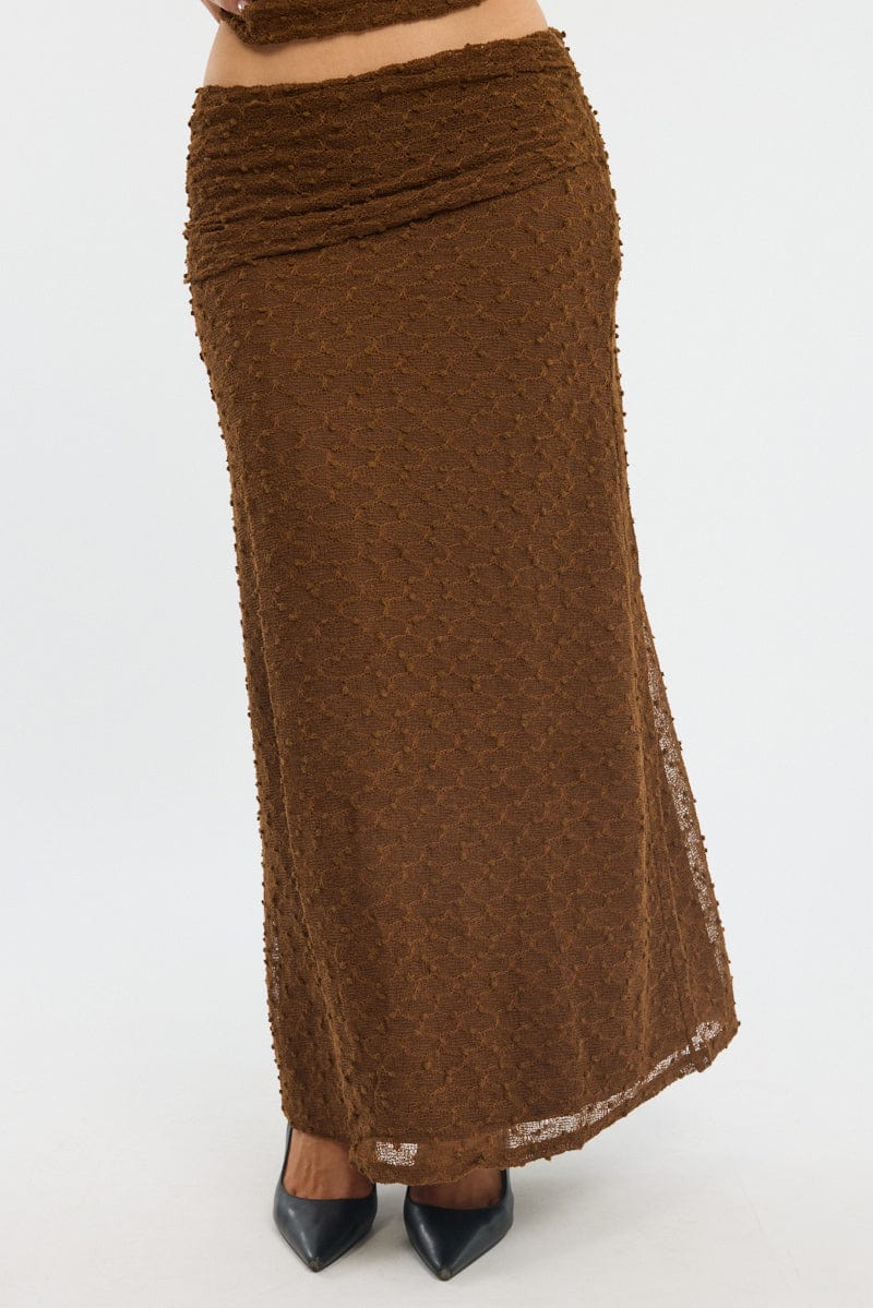 Brown Maxi Skirt Textured Gathered Waist Stretch Lined
