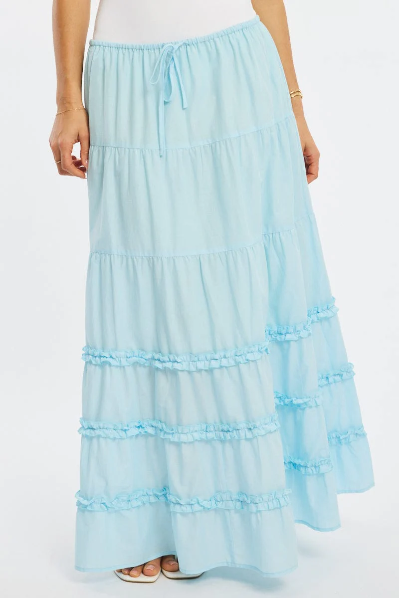 Blue Maxi Skirt Elasticated Waist Tiered Frilled Detail