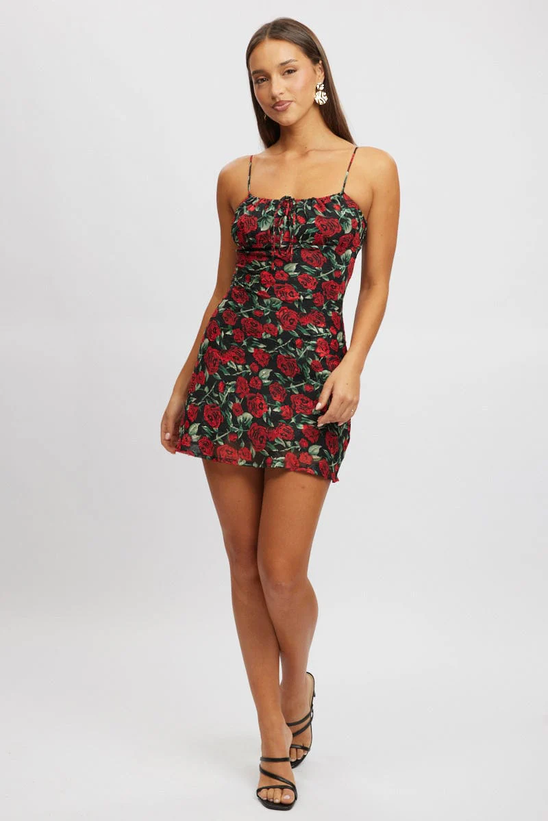 Red Floral Mini Dress Bias