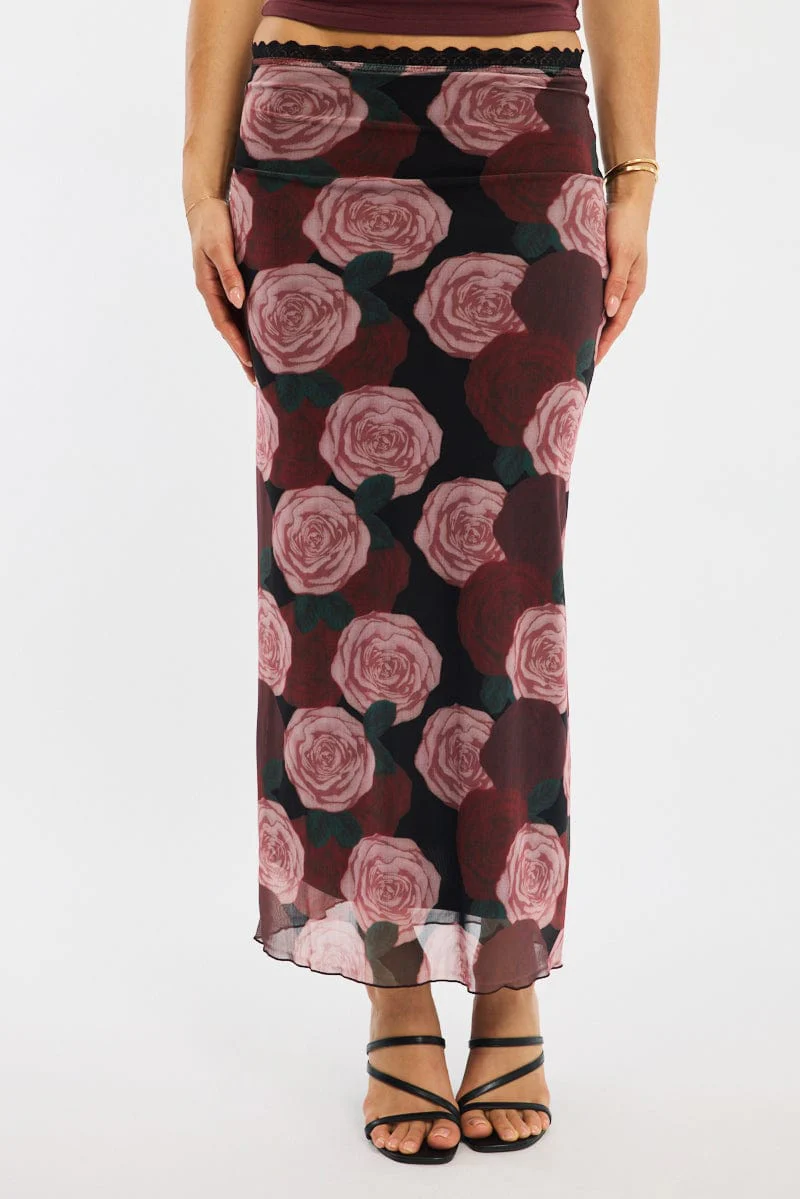 Black Floral Mesh Maxi Skirt Elastic Waist Lace Trim Detail