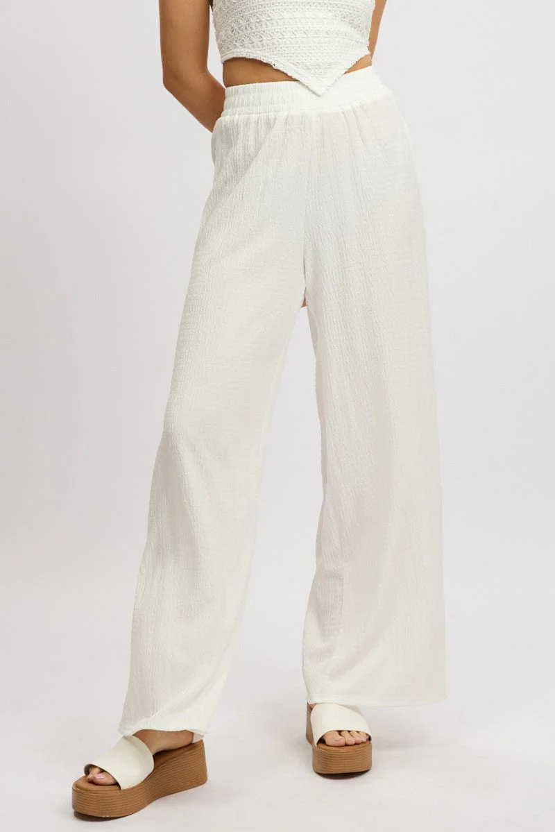 White Wide Leg Pants High Rise Textured Fabric