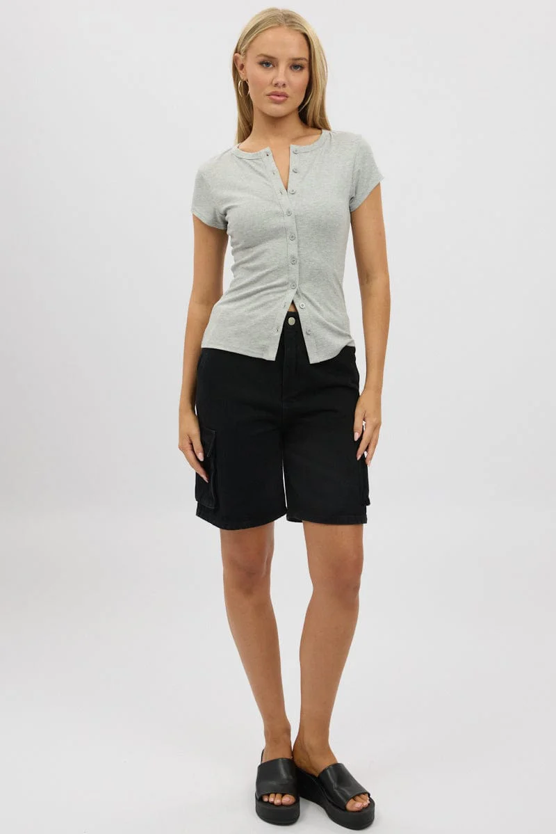 Grey Button Front Top Short Sleeve