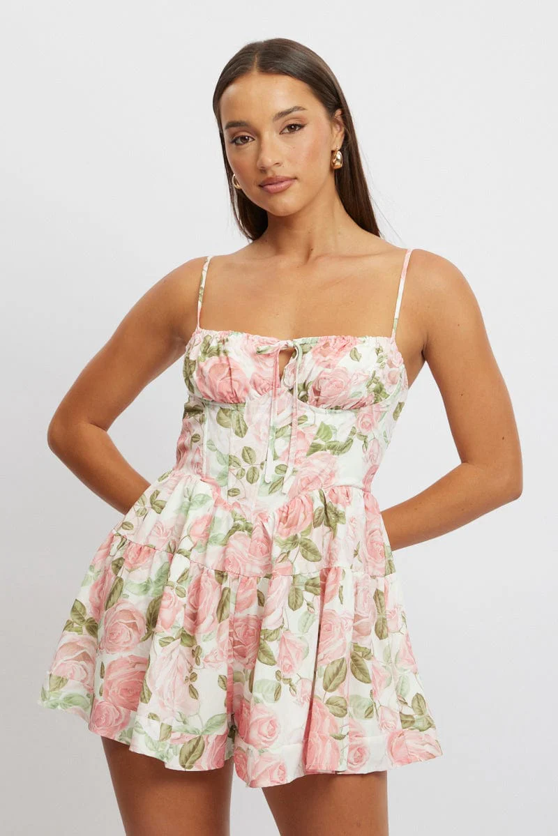 Pink Floral Playsuit Gathered Bust Mini
