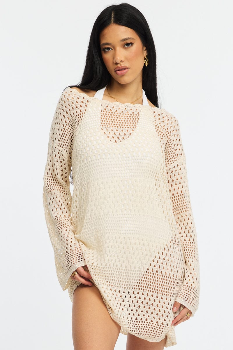 Beige Beach Dress Cover Up Long Sleeve