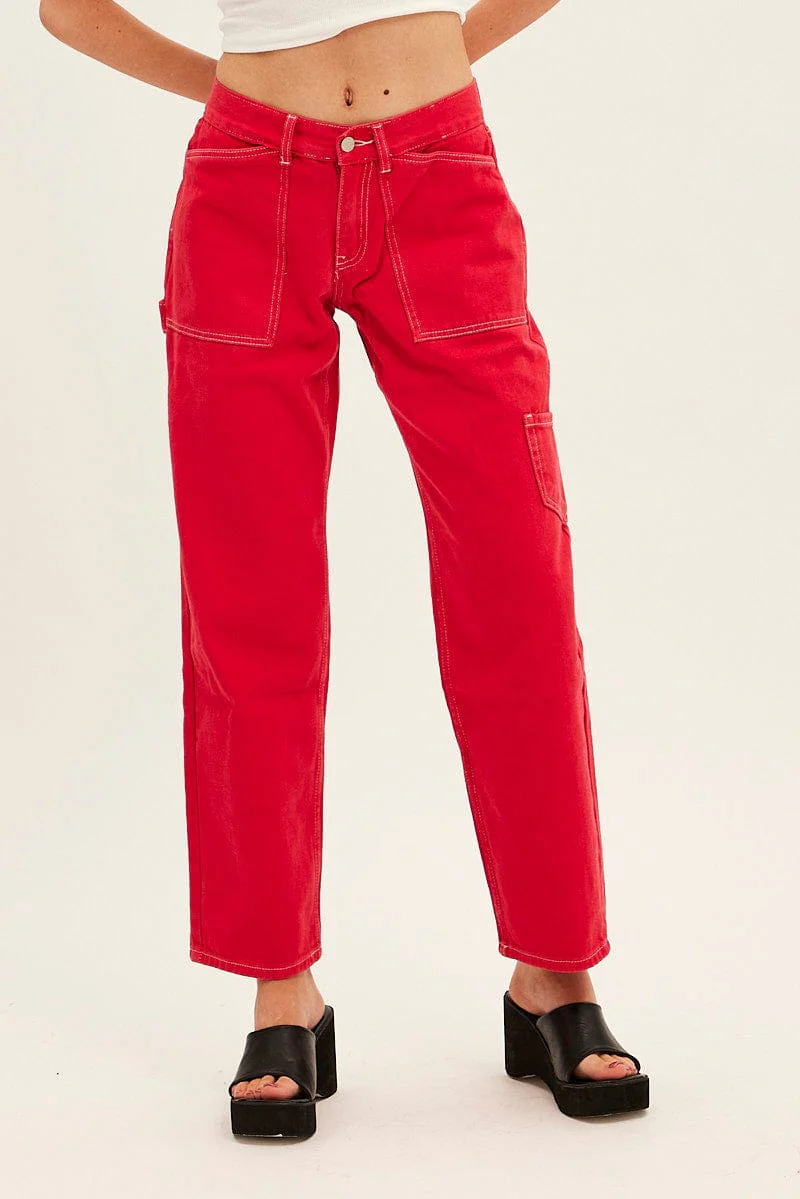Red Cargo Denim Jeans Low Rise
