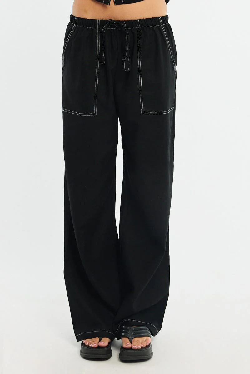 Black Wide Leg Pants Contrast Stitch