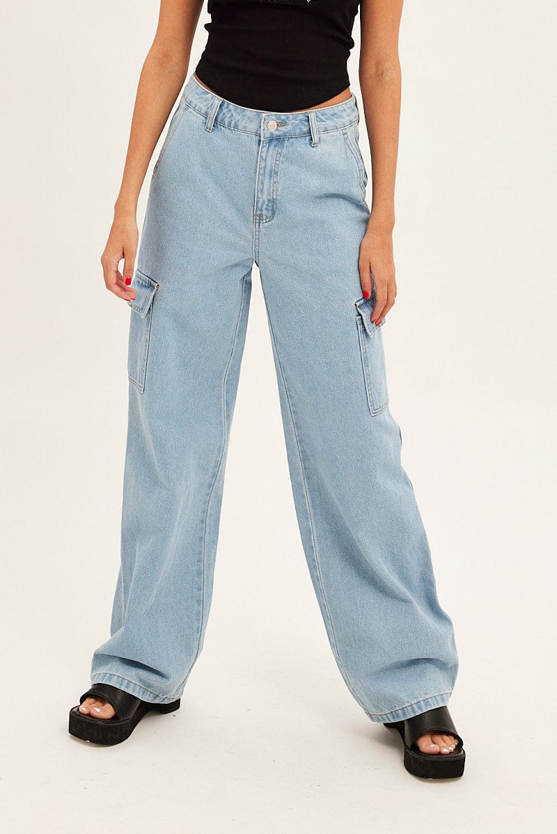 Blue Cargo Denim Jeans High Rise