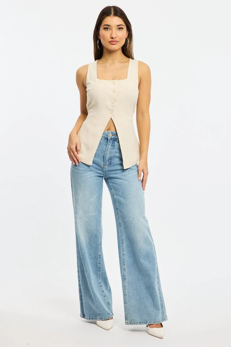 Beige Vest Square Neck Button Down