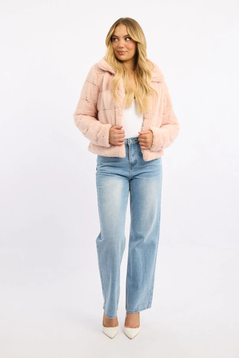 Pink Faux Fur Jacket With Lapel Collar