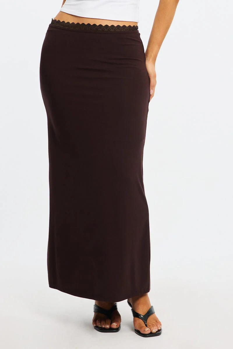 Brown Maxi Skirt Elastic Waist Lace Trim Detail Lined