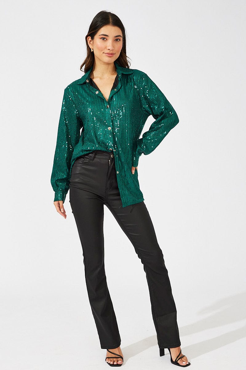 Green Shacket Long Sleeve Sequins