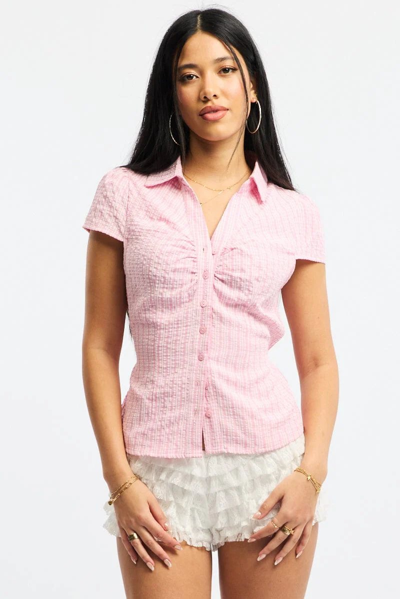 Pink Check Button Up Shirt Short Sleeve Collared Tie Back