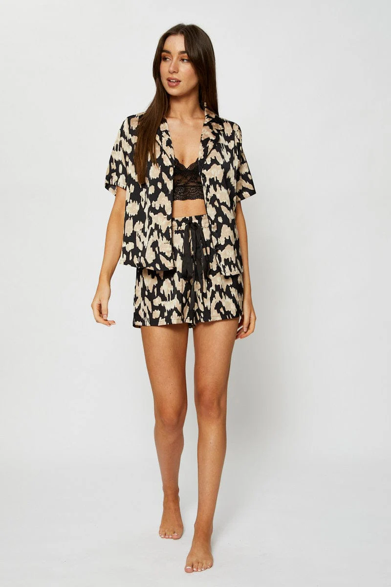 Print Satin Pajamas Set Short Sleeve