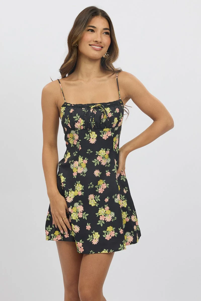 Black Floral Mini Dress Strappy