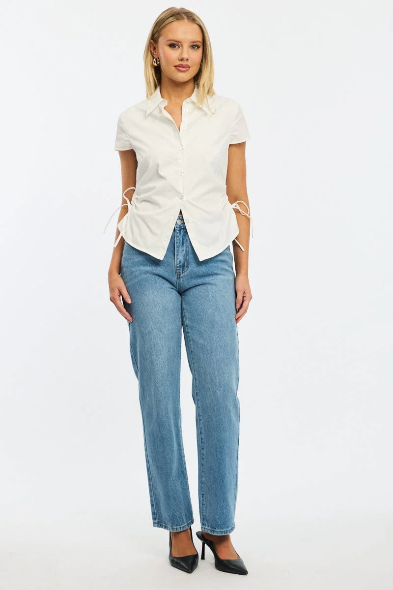 White Short Sleeve Shirt Collared Side Ruched Button Up