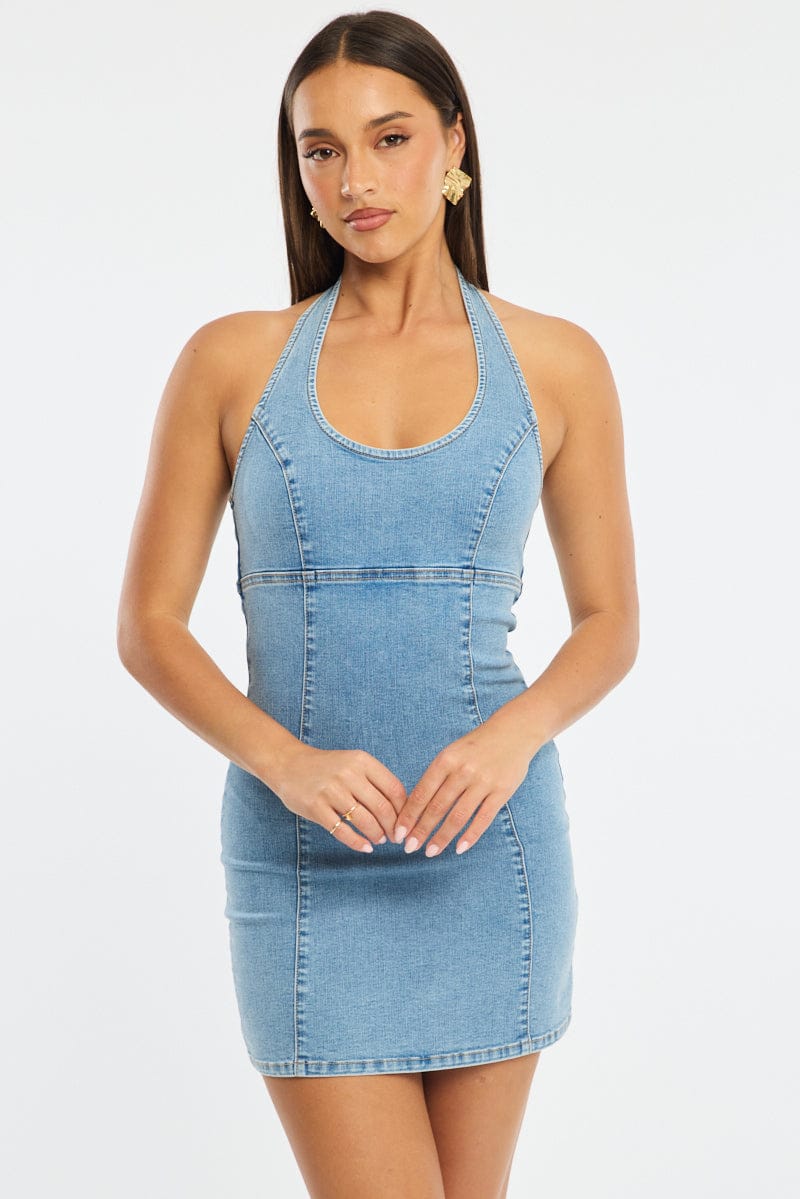 Denim Bodycon Dress Halter Neck Mini