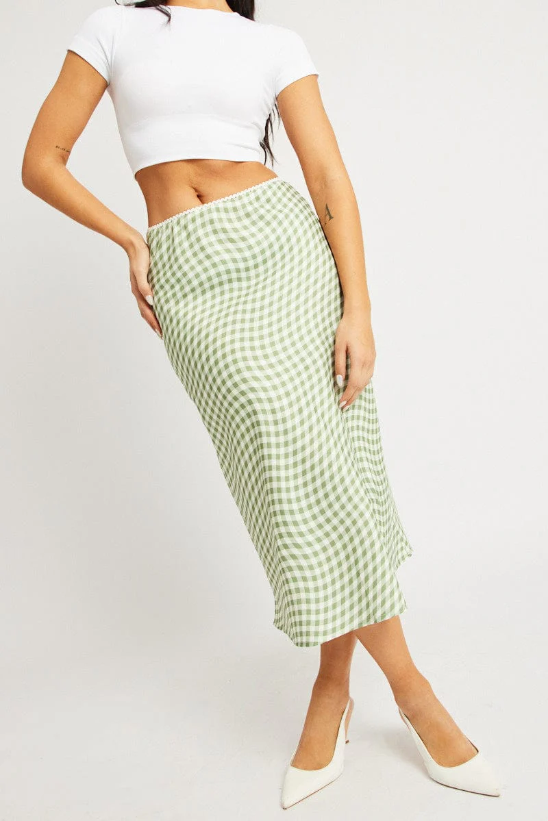 Green Check Slip Skirt High Rise Elasticated Waistband Midaxi