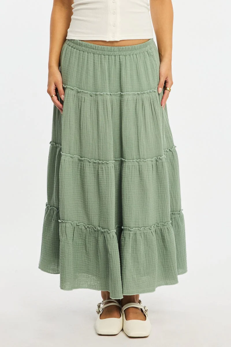 Green Midi Skirt Tiered High Rise Lined