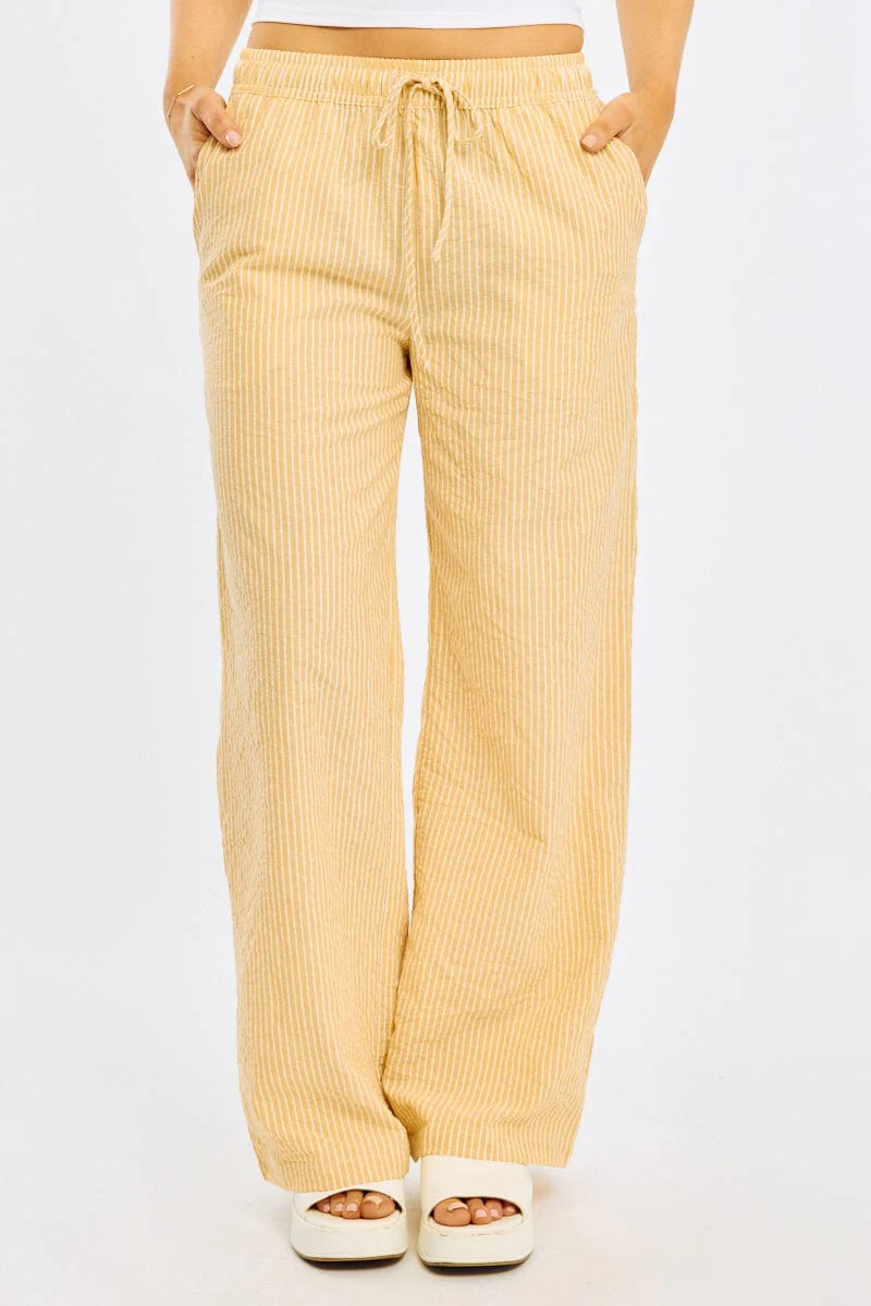 Yellow Stripe Wide Leg Pants Elasticated Waist