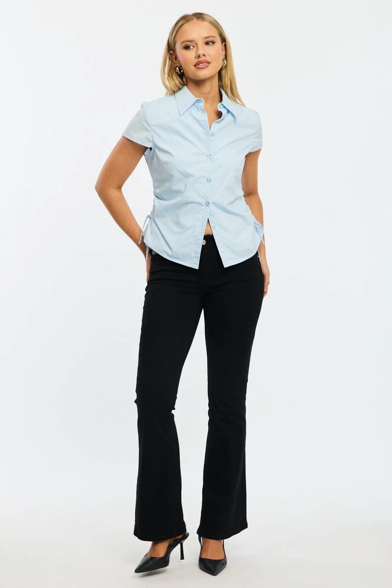 Blue Short Sleeve Shirt Collared Side Ruched Button Up