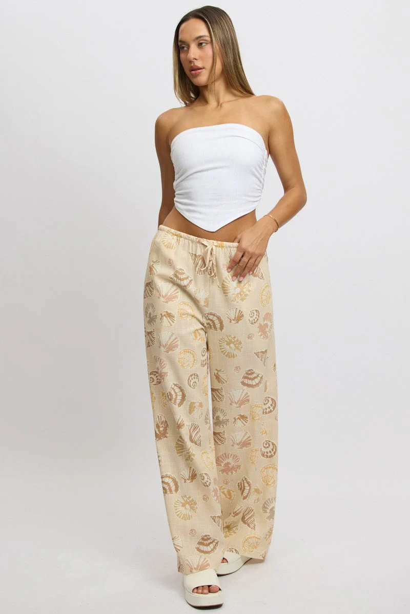 Beige Abstract Wide Leg Pants High Rise