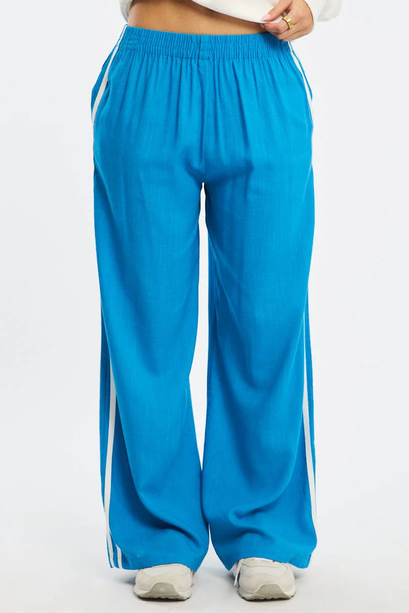 Blue Wide Leg Pants Side Stripe