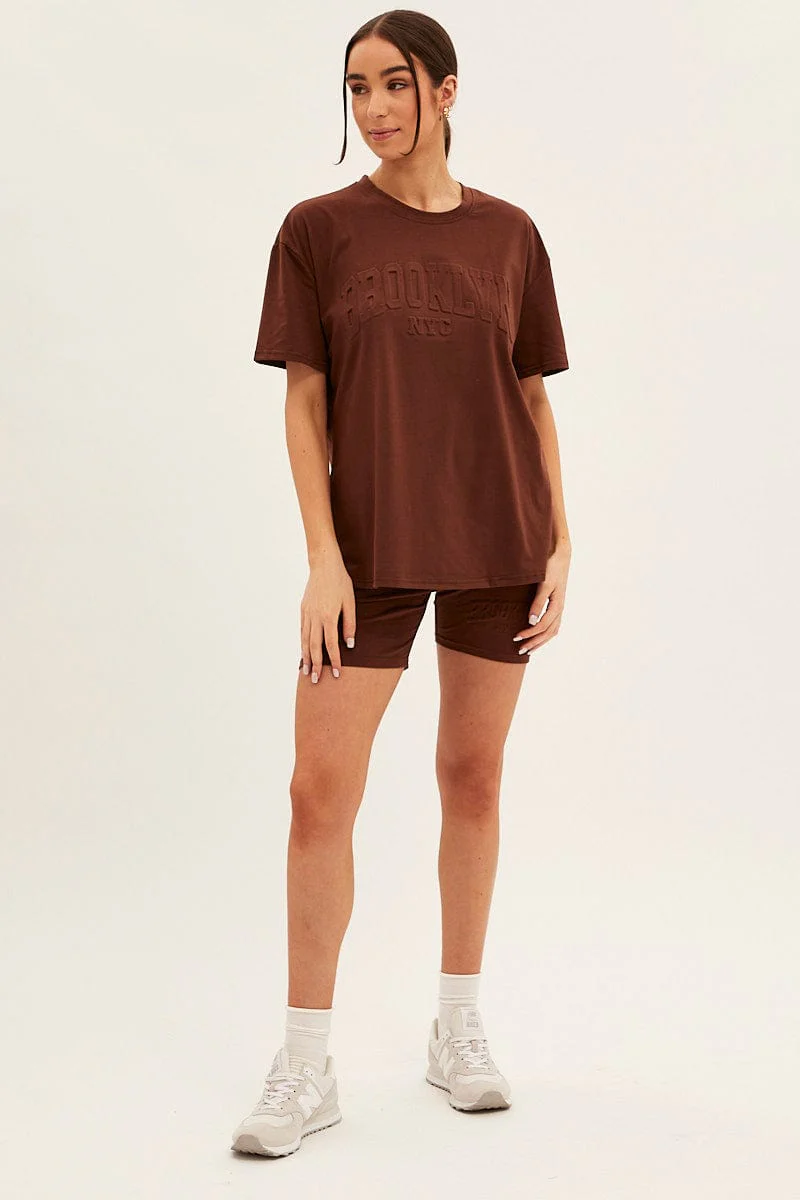 Brown Textured Tee And Biker Shorts Set