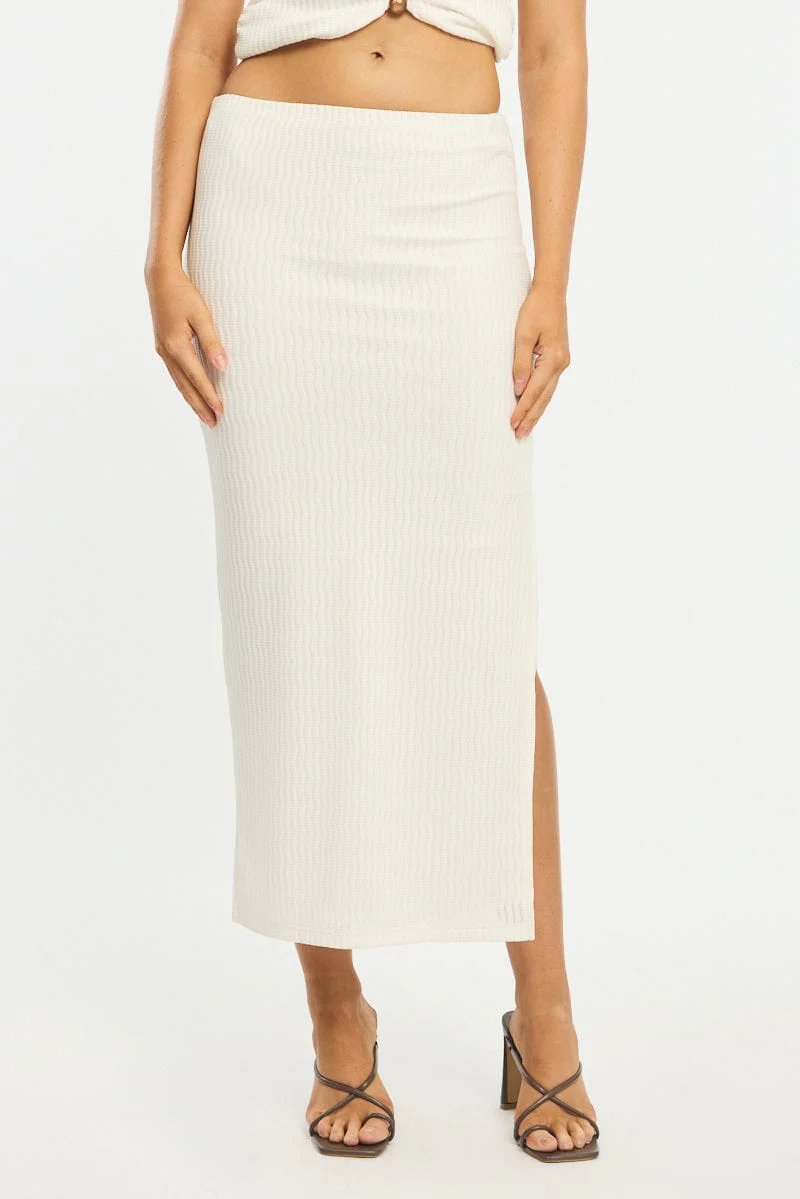 White Maxi Skirt Elasticated Waist Side Split Textured