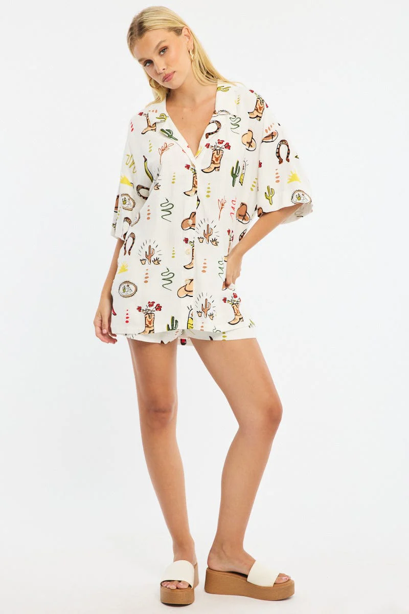 Multi Abstract Relaxed Shirt Short Sleeve Linen Blend