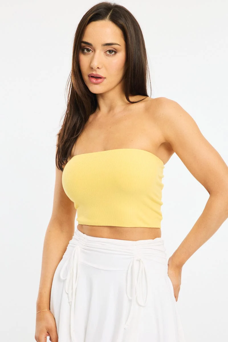 Yellow Bandeau Top Sleeveless Strapless Rib