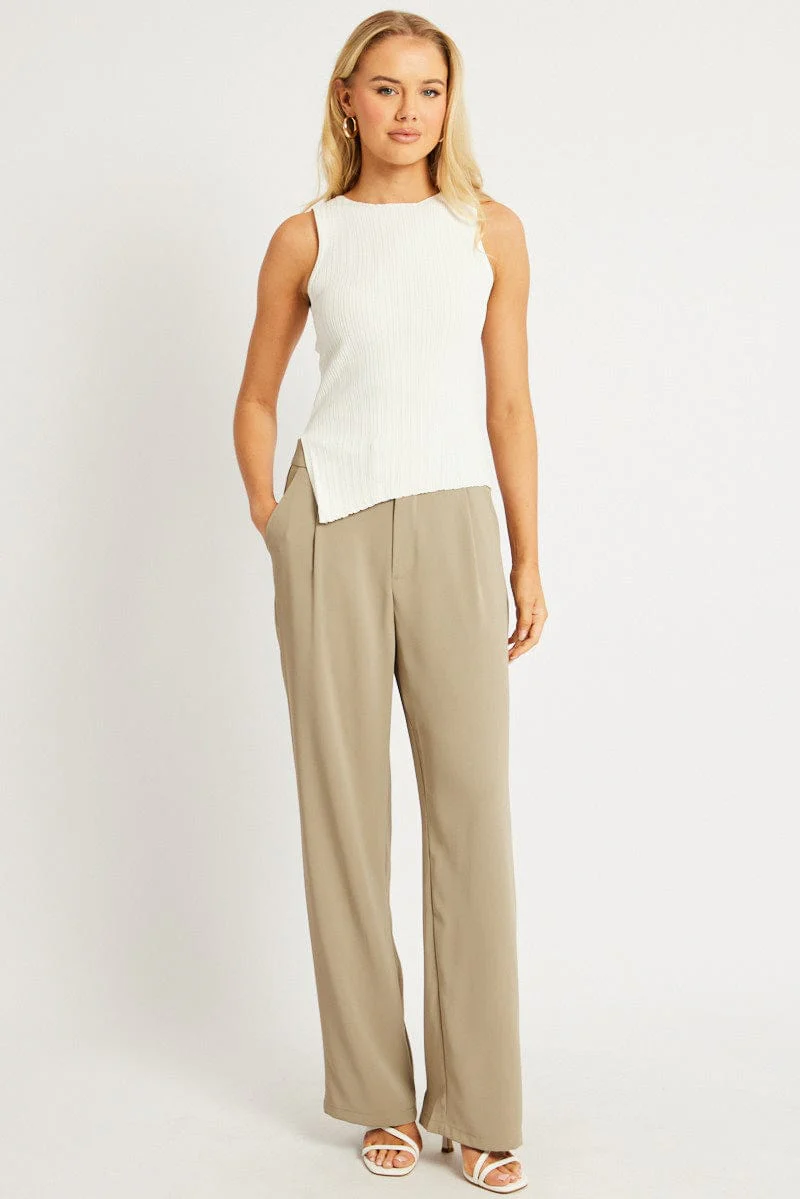 Brown Wide Leg Pants Mid Rise